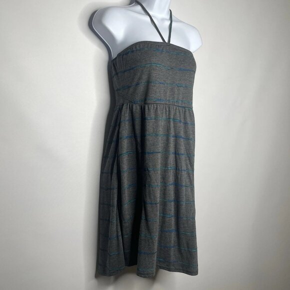 Hurley Halter Dress Sundress Size M Mini Gray Blue Striped Knit Smocked Mesh - Picture 3 of 8